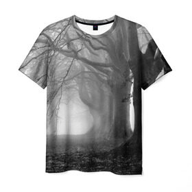 Мужская футболка 3D с принтом Туман в лесу , 100% полиэфир | прямой крой, круглый вырез горловины, длина до линии бедер | Тематика изображения на принте: black   white | fog | forest | morning | photo | silhouette | trees | деревья | лес | силуэт | туман | утро | фото | черно   белое