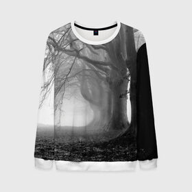 Мужской свитшот 3D с принтом Туман в лесу , 100% полиэстер с мягким внутренним слоем | круглый вырез горловины, мягкая резинка на манжетах и поясе, свободная посадка по фигуре | Тематика изображения на принте: black   white | fog | forest | morning | photo | silhouette | trees | деревья | лес | силуэт | туман | утро | фото | черно   белое