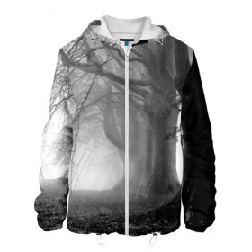 Мужская куртка 3D с принтом Туман в лесу , ткань верха — 100% полиэстер, подклад — флис | прямой крой, подол и капюшон оформлены резинкой с фиксаторами, два кармана без застежек по бокам, один большой потайной карман на груди. Карман на груди застегивается на липучку | Тематика изображения на принте: black   white | fog | forest | morning | photo | silhouette | trees | деревья | лес | силуэт | туман | утро | фото | черно   белое