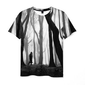 Мужская футболка 3D с принтом Утро в лесу , 100% полиэфир | прямой крой, круглый вырез горловины, длина до линии бедер | Тематика изображения на принте: black   white | fog | forest | man | morning | photo | silhouette | trees | деревья | лес | силуэт | туман | утро | фото | человек | черно   белое