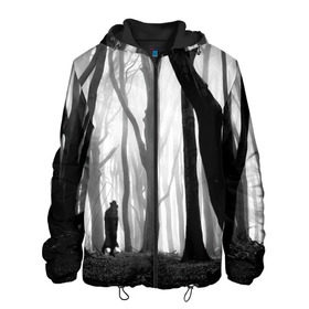 Мужская куртка 3D с принтом Утро в лесу , ткань верха — 100% полиэстер, подклад — флис | прямой крой, подол и капюшон оформлены резинкой с фиксаторами, два кармана без застежек по бокам, один большой потайной карман на груди. Карман на груди застегивается на липучку | Тематика изображения на принте: black   white | fog | forest | man | morning | photo | silhouette | trees | деревья | лес | силуэт | туман | утро | фото | человек | черно   белое