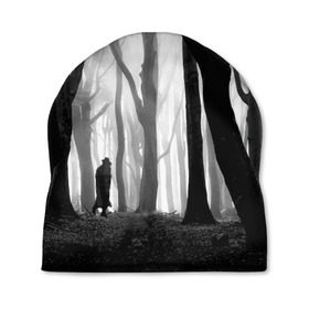 Шапка 3D с принтом Утро в лесу , 100% полиэстер | универсальный размер, печать по всей поверхности изделия | Тематика изображения на принте: black   white | fog | forest | man | morning | photo | silhouette | trees | деревья | лес | силуэт | туман | утро | фото | человек | черно   белое