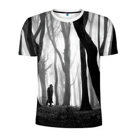 Мужская футболка 3D спортивная с принтом Утро в лесу , 100% полиэстер с улучшенными характеристиками | приталенный силуэт, круглая горловина, широкие плечи, сужается к линии бедра | Тематика изображения на принте: black   white | fog | forest | man | morning | photo | silhouette | trees | деревья | лес | силуэт | туман | утро | фото | человек | черно   белое