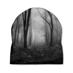 Шапка 3D с принтом Туман в лесу , 100% полиэстер | универсальный размер, печать по всей поверхности изделия | Тематика изображения на принте: black   white | fog | forest | morning | photo | silhouette | trees | деревья | лес | силуэт | туман | утро | фото | черно   белое