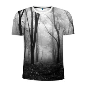 Мужская футболка 3D спортивная с принтом Туман в лесу , 100% полиэстер с улучшенными характеристиками | приталенный силуэт, круглая горловина, широкие плечи, сужается к линии бедра | Тематика изображения на принте: black   white | fog | forest | morning | photo | silhouette | trees | деревья | лес | силуэт | туман | утро | фото | черно   белое