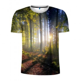 Мужская футболка 3D спортивная с принтом Утро в лесу , 100% полиэстер с улучшенными характеристиками | приталенный силуэт, круглая горловина, широкие плечи, сужается к линии бедра | Тематика изображения на принте: bright | fog | forest | morning | sun | tree | trees | дерево | деревья | лес | солнце | туман | утро | яркое
