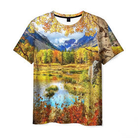 Мужская футболка 3D с принтом Горное озеро , 100% полиэфир | прямой крой, круглый вырез горловины, длина до линии бедер | Тематика изображения на принте: autumn | bright | clouds | colors | forest | mountains | river | trees | горы | деревья | краски | лес | облака | осень | река | цвета | яркие