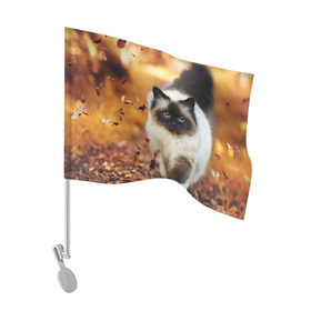 Флаг для автомобиля с принтом Котик в листьях , 100% полиэстер | Размер: 30*21 см | грация | кот | котик | кошка | листья | осень