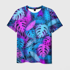 Мужская футболка 3D с принтом Сине-розовые тропики , 100% полиэфир | прямой крой, круглый вырез горловины, длина до линии бедер | джунгли | листья | монстера | пальма | психоделический | текстура | тропики