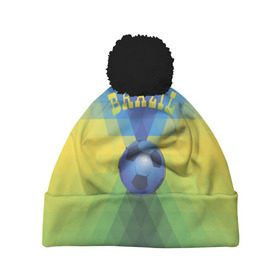 Шапка 3D c помпоном с принтом Бразилия , 100% полиэстер | универсальный размер, печать по всей поверхности изделия | бразилия | геометрия | игра | кубок | мяч | полигональный | спорт | футбол