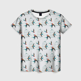Женская футболка 3D с принтом Ласточки , 100% полиэфир ( синтетическое хлопкоподобное полотно) | прямой крой, круглый вырез горловины, длина до линии бедер | весна | клетка | ласточка | мозаика | письмо | птица | узор