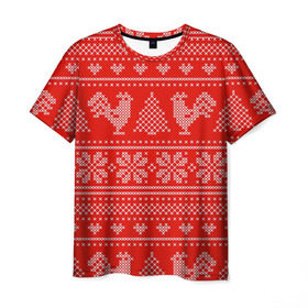 Мужская футболка 3D с принтом Вязанный свитер с петухами , 100% полиэфир | прямой крой, круглый вырез горловины, длина до линии бедер | 2017 | new year | год | новогодний | новый | огненный | петух | петушок | с новым годом