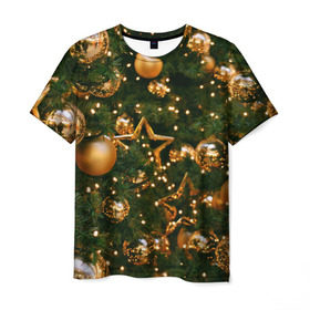 Мужская футболка 3D с принтом Праздничные шары , 100% полиэфир | прямой крой, круглый вырез горловины, длина до линии бедер | елка | елочные | звезды | золото | игрушки | хвоя | шары