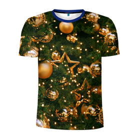 Мужская футболка 3D спортивная с принтом Праздничные шары , 100% полиэстер с улучшенными характеристиками | приталенный силуэт, круглая горловина, широкие плечи, сужается к линии бедра | елка | елочные | звезды | золото | игрушки | хвоя | шары