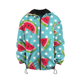 Детская куртка 3D с принтом Арбузный рай , 100% полиэстер | застежка — молния, подол и капюшон оформлены резинкой с фиксаторами, по бокам — два кармана без застежек, один потайной карман на груди, плотность верхнего слоя — 90 г/м2; плотность флисового подклада — 260 г/м2 | Тематика изображения на принте: berry | eat | fruit | pattern | sweet | watermelon | арбуз | еда | сладость | узор | фрукт | ягода