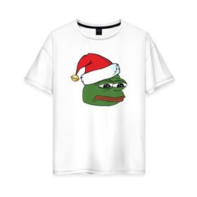 Женская футболка хлопок Oversize с принтом New year sad frog , 100% хлопок | свободный крой, круглый ворот, спущенный рукав, длина до линии бедер
 | pepe | новогодний | пепе | шапка