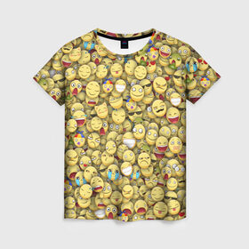 Женская футболка 3D с принтом Смайлики. Стикербомбинг , 100% полиэфир ( синтетическое хлопкоподобное полотно) | прямой крой, круглый вырез горловины, длина до линии бедер | emoji | желтый | мем | смайл | стикербомбинг | текстура | улыбка | эмодзи