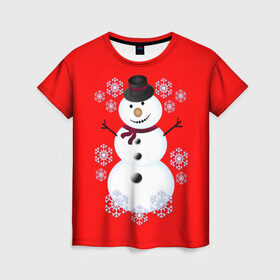 Женская футболка 3D с принтом Снеговик , 100% полиэфир ( синтетическое хлопкоподобное полотно) | прямой крой, круглый вырез горловины, длина до линии бедер | 2017 | дед мороз | зима | новый год | снеговик | снежинки
