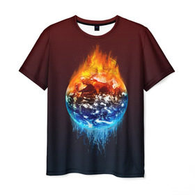 Мужская футболка 3D с принтом Огонь против воды , 100% полиэфир | прямой крой, круглый вырез горловины, длина до линии бедер | battle | fire | galaxy | planet | space | water | битва | вода | галактика | земля | космос | огонь | пламя | планета