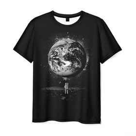 Мужская футболка 3D с принтом Взгляд на землю , 100% полиэфир | прямой крой, круглый вырез горловины, длина до линии бедер | Тематика изображения на принте: astro | cosmo | galaxy | moon | planet | space | star | автронавт | галактика | звезды | земля | космонавт | космос | луна | планета