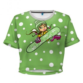Женская футболка 3D укороченная с принтом Snowboard girl 4 , 100% полиэстер | круглая горловина, длина футболки до линии талии, рукава с отворотами | 