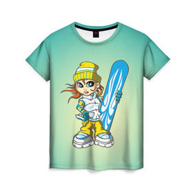 Женская футболка 3D с принтом Snowboard girl 1 , 100% полиэфир ( синтетическое хлопкоподобное полотно) | прямой крой, круглый вырез горловины, длина до линии бедер | extreme | girl | snowboard | девушка | сноуборд | экстрим