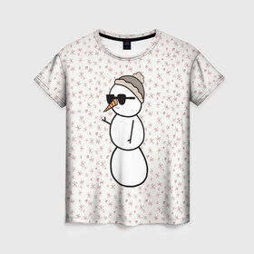 Женская футболка 3D с принтом Крутой снеговик 2 , 100% полиэфир ( синтетическое хлопкоподобное полотно) | прямой крой, круглый вырез горловины, длина до линии бедер | зима | новогодний | очки | паттерн | рождество | снежинки