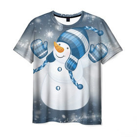 Мужская футболка 3D с принтом С Новым годом! , 100% полиэфир | прямой крой, круглый вырез горловины, длина до линии бедер | рождество | снеговик | снежинки