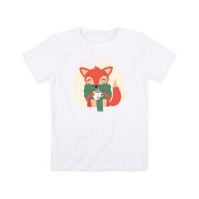 Детская футболка хлопок с принтом Лисица с чаем , 100% хлопок | круглый вырез горловины, полуприлегающий силуэт, длина до линии бедер | лиса | лисенок | лисица | лисичка