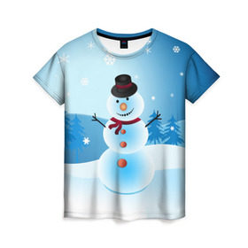Женская футболка 3D с принтом Снеговик , 100% полиэфир ( синтетическое хлопкоподобное полотно) | прямой крой, круглый вырез горловины, длина до линии бедер | дед мороз | зима | новый год | праздник | снеговик | снежинки