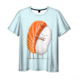 Мужская футболка 3D с принтом Суши друзья , 100% полиэфир | прямой крой, круглый вырез горловины, длина до линии бедер | china | eat | fish | food | japan | sushi | лосось | прикол | рис | ролл | рыба | суши