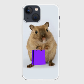 Чехол для iPhone 13 mini с принтом Хомяк с сумкой ,  |  | Тематика изображения на принте: грызун | животные | крыса | мышь | хомяк | яблоко