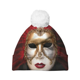 Шапка 3D c помпоном с принтом Венецианская маска , 100% полиэстер | универсальный размер, печать по всей поверхности изделия | венеция | италия | карнавал | красный | лицо | перья