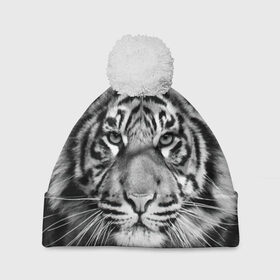 Шапка 3D c помпоном с принтом Тигр , 100% полиэстер | универсальный размер, печать по всей поверхности изделия | animal | black   white | look | predator | tiger | wild | взгляд | дикий | животное | тигр | хищник | черно   белый