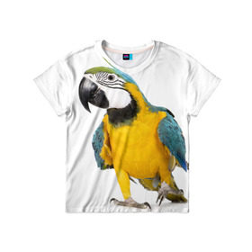 Детская футболка 3D с принтом Попугай ара , 100% гипоаллергенный полиэфир | прямой крой, круглый вырез горловины, длина до линии бедер, чуть спущенное плечо, ткань немного тянется | желтый | птица | синий | экзотика