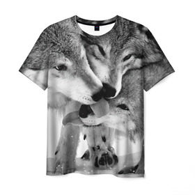 Мужская футболка 3D с принтом Волчья семья , 100% полиэфир | прямой крой, круглый вырез горловины, длина до линии бедер | animals | black   white | family | love | predators | wild | wolves | волки | дикие | животные | любовь | семья | хищники | черно   белый