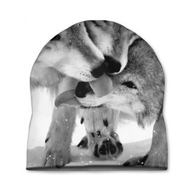 Шапка 3D с принтом Волчья семья , 100% полиэстер | универсальный размер, печать по всей поверхности изделия | animals | black   white | family | love | predators | wild | wolves | волки | дикие | животные | любовь | семья | хищники | черно   белый
