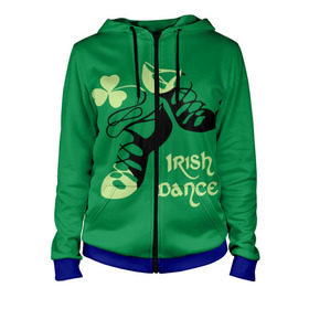 Женская толстовка 3D на молнии с принтом Ireland, Irish dance , 100% полиэстер | длина до линии бедра, манжеты и пояс оформлены мягкой тканевой резинкой, двухслойный капюшон со шнурком для регулировки, спереди молния, по бокам два кармана | Тематика изображения на принте: background | black | clover | dance | green | ireland | irish | petal | soft shoes | зеленый | ирландия | ирландский | клевер | лепесток | мягкая | обувь | танец | фон | черная