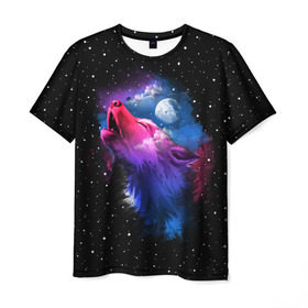 Мужская футболка 3D с принтом Воющий волк , 100% полиэфир | прямой крой, круглый вырез горловины, длина до линии бедер | animal | beast | cosmic | galaxy | moon | planet | rage | roar | space | star | universe | wild | wolf | волк | вселенная | галактика | животное | звезды | зверь | космос | луна | планета | рык | ярость