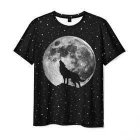 Мужская футболка 3D с принтом Лунный волк , 100% полиэфир | прямой крой, круглый вырез горловины, длина до линии бедер | animal | beast | cosmic | galaxy | moon | planet | rage | roar | space | star | universe | wild | wolf | волк | вселенная | галактика | животное | звезды | зверь | космос | луна | планета | рык | ярость