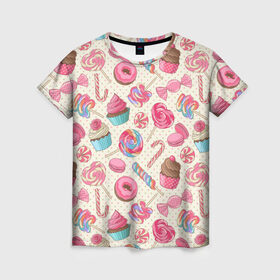 Женская футболка 3D с принтом Радости и сладости , 100% полиэфир ( синтетическое хлопкоподобное полотно) | прямой крой, круглый вырез горловины, длина до линии бедер | Тематика изображения на принте: глазурь | кексы | конфеты | леденцы | пончик | сладости
