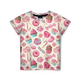 Детская футболка 3D с принтом Радости и сладости , 100% гипоаллергенный полиэфир | прямой крой, круглый вырез горловины, длина до линии бедер, чуть спущенное плечо, ткань немного тянется | Тематика изображения на принте: глазурь | кексы | конфеты | леденцы | пончик | сладости