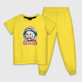 Детская пижама хлопок с принтом Юрий Гагарин. Первый в космосе , 100% хлопок |  брюки и футболка прямого кроя, без карманов, на брюках мягкая резинка на поясе и по низу штанин
 | восток | звезды | космов | первый | ракета | ссср | юрий гагарин