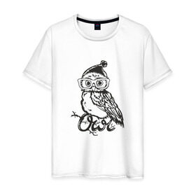 Мужская футболка хлопок с принтом Сова в шапке , 100% хлопок | прямой крой, круглый вырез горловины, длина до линии бедер, слегка спущенное плечо. | Тематика изображения на принте: bird | owl | няша | птица | сова | совунья | совушка | сыч