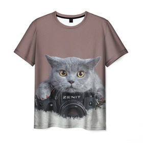 Мужская футболка 3D с принтом Котик фотограф , 100% полиэфир | прямой крой, круглый вырез горловины, длина до линии бедер | кот | котик | кошка | объектив | фотоаппарат | фотограф