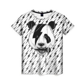 Женская футболка 3D с принтом Панда вокалист , 100% полиэфир ( синтетическое хлопкоподобное полотно) | прямой крой, круглый вырез горловины, длина до линии бедер | animal | bear | beast | metal | music | nature | panda | rock | sound | vocal | вокал | животное | зверь | звук | медведь | меломан | метал | мишка | музыка | панда | природа | рок
