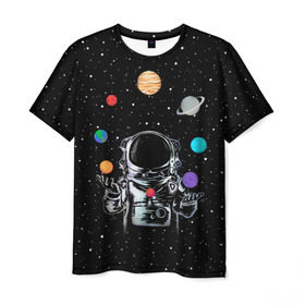 Мужская футболка 3D с принтом Космический жонглер , 100% полиэфир | прямой крой, круглый вырез горловины, длина до линии бедер | astronaut | cosmonaut | cosmos | galaxy | planet | space | star | universe | астронавт | вселенная | галактика | звезды | земля | космонавт | космос | луна | марс | планета | сатурн | уран