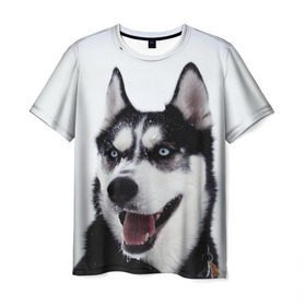 Мужская футболка 3D с принтом Сибирский хаски , 100% полиэфир | прямой крой, круглый вырез горловины, длина до линии бедер | взгляд | голубые глаза | зима | сибирь | снег | собака | хаски | хаски бандит | холод