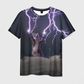 Мужская футболка 3D с принтом Грозовой кошак , 100% полиэфир | прямой крой, круглый вырез горловины, длина до линии бедер | lightning cat