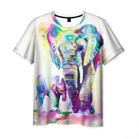 Мужская футболка 3D с принтом Слоны , 100% полиэфир | прямой крой, круглый вырез горловины, длина до линии бедер | animal | art | bright | child | color | elephants | family | mother | rainbow | spectrum | животные | искусство | мама | радуга | ребенок | семья | слоны | спектр | цвета | яркие